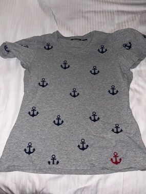DRIFTWOOD Heather Gray Tee with Navy Anchors and Red Accent